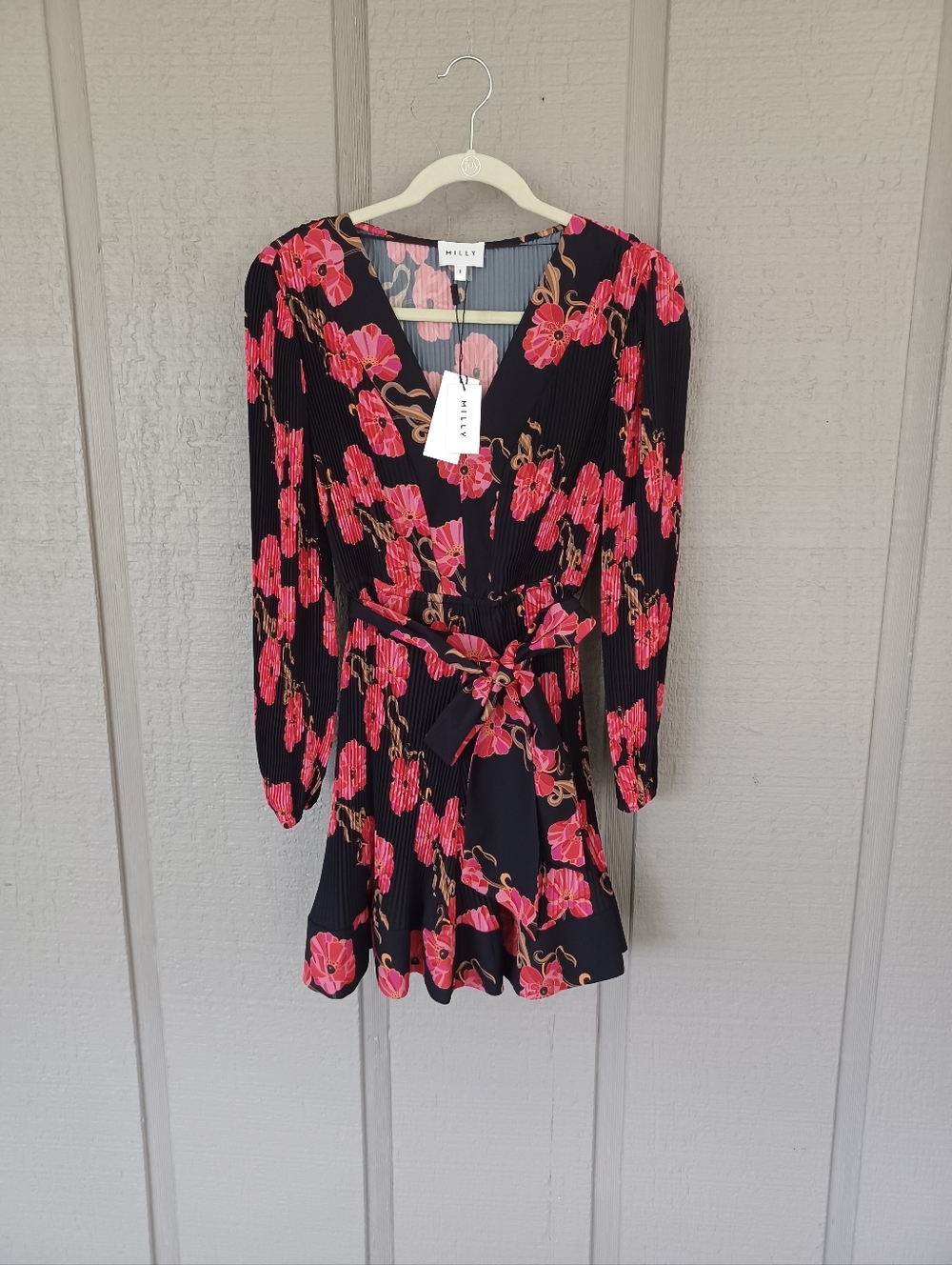 Milly Liv Poppy Vine Pleated Mini Dress Size 0 V Neck Tie Waist In Black Multi